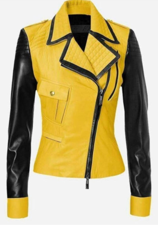 Yellow & Black Colour - Block Quilted Leather Moto Jacket - RUGGAN